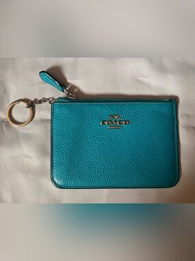 Coach Turquoise Pebbled Leather Zip Card Case with Key Ring